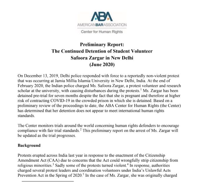American Bar Association slams India for Safoora Zargar custody - Satya Hindi